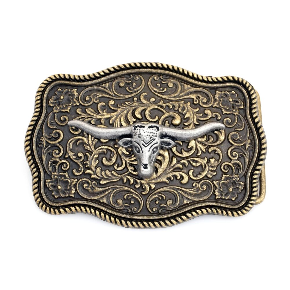 2550 Western Belt Buckle, Horse Longhorn Designs, Antique Brass